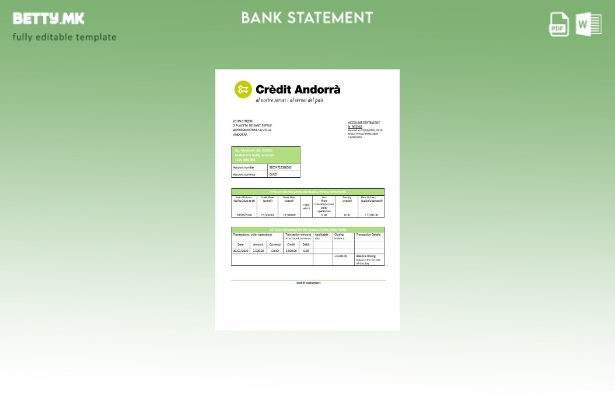 Модерен стил Шаблон за извод од банкарски извод од Андора Кредит Андора